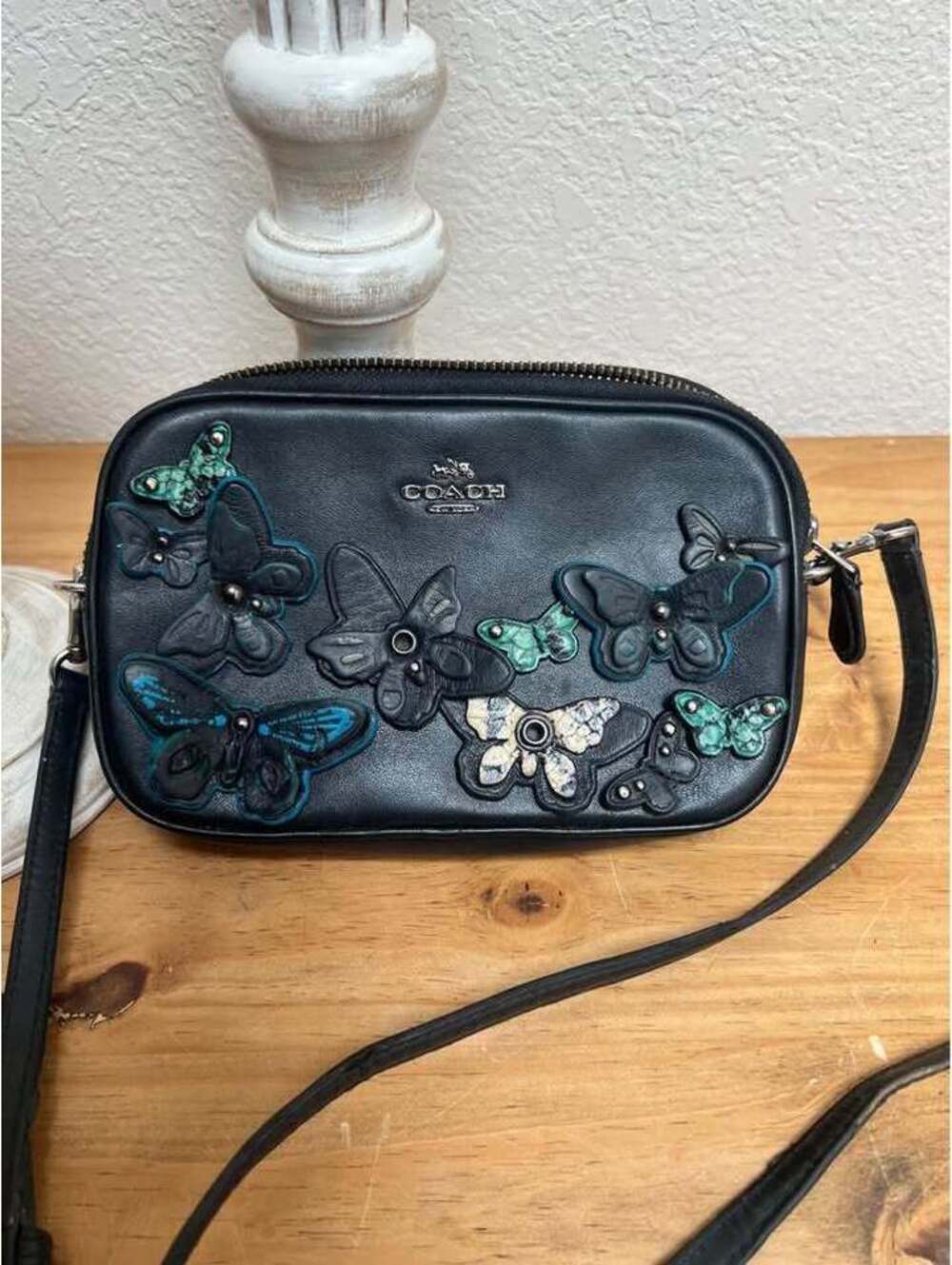 Vintage Black Leather Coach Butterfly Crossbody Handbag Purse Zipper